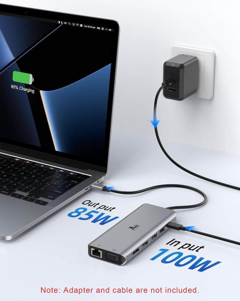 LIONWEI محطة إرساء لابتوب 4 شاشات، HDMI مزدوج + 8K DP + VGA، 10Gbps، 100W PD، 6 منافذ USB C/A، إيثرنت، SD/TF، 13 في 1 محور USB C لماك بوك/ديل/HP/سيرفيس - Image 5